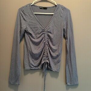 Brit & Bri Top Womens Size M Blue White Striped Ruched Drawstring V-Neck